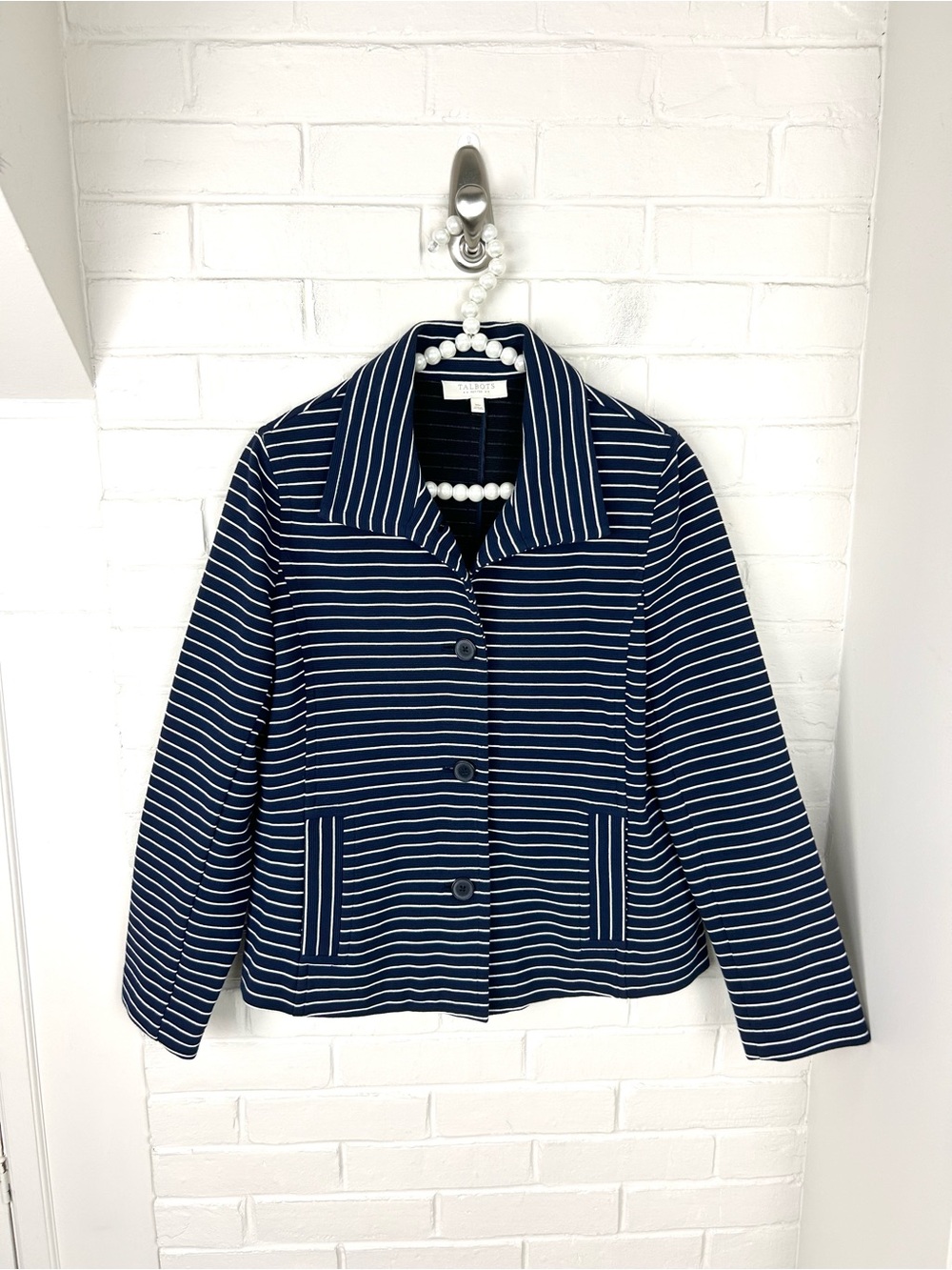 Talbots Navy White Striped Classic Blazer Size M Petite